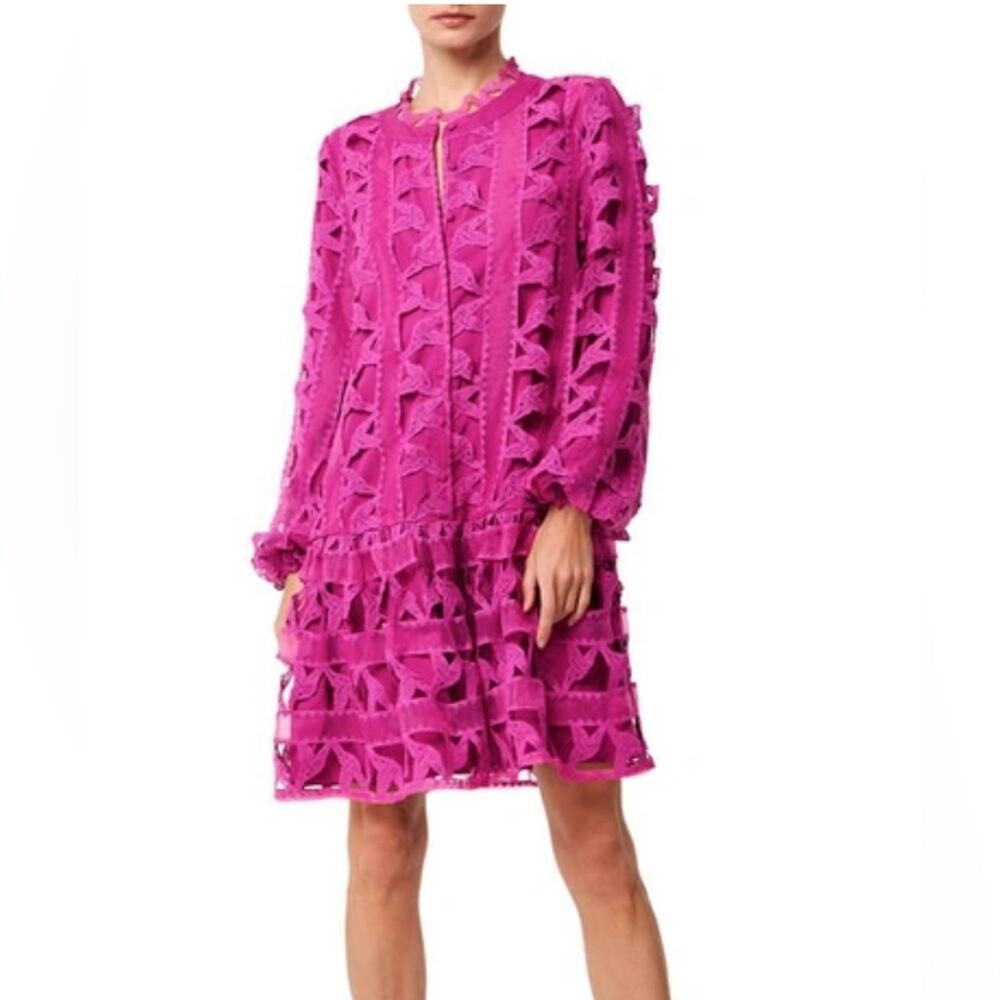 Ciebon Fuchsia Lace Overlay Long-Sleeve Shift Dress